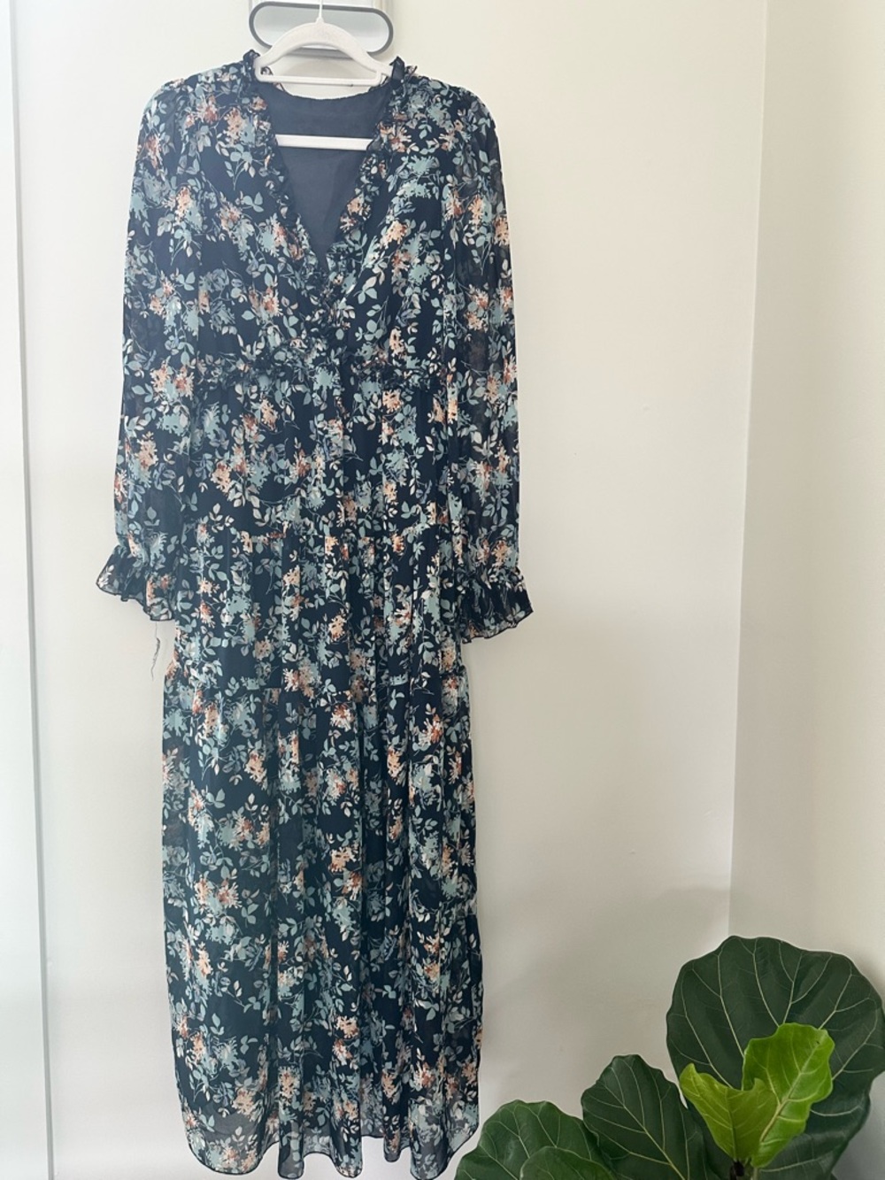 Black Floral Ruffle V-Neck Dress